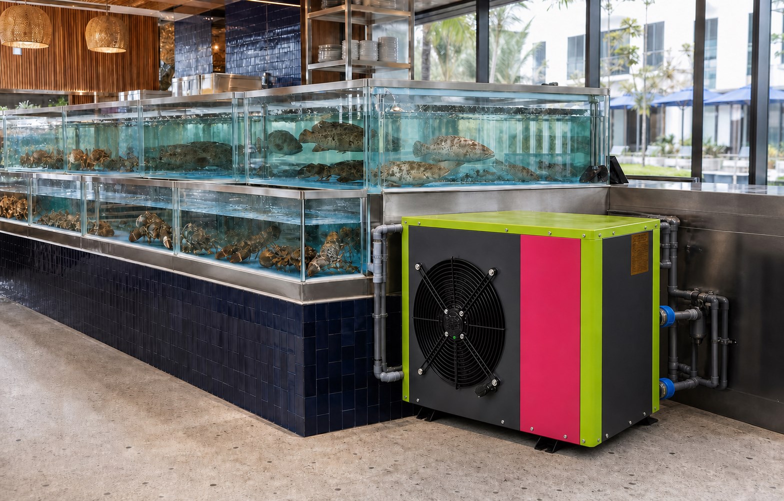Active live seafood tanks connected to a colorful inverter water chiller
