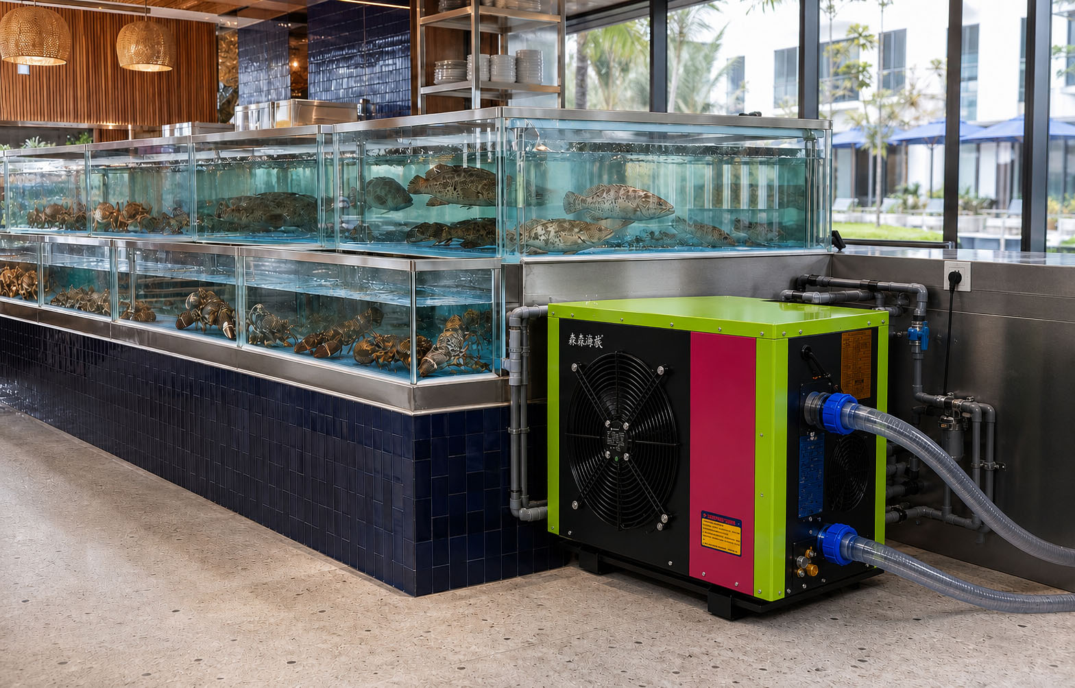 Inverter water chiller installed beside live seafood tanks